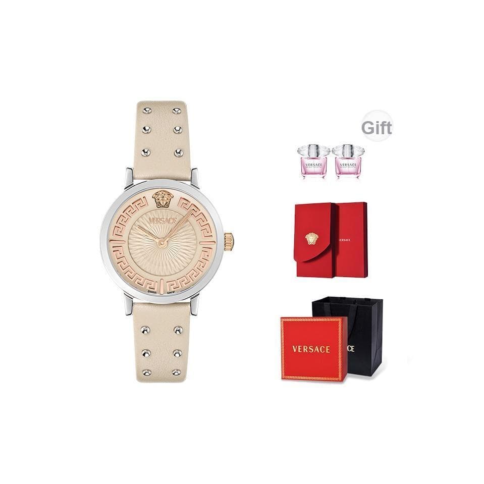 Versace Quartz Watch 35mm Beige Dial Leather Strap Gift Set With Perfume And Red Envelope Women watches pink VE0A00125 VE0A00125 Beige Single