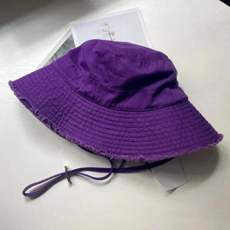 Designer Fisherman Hat Personalized Trend Letters Wide Eave Cap Summer Solid Color Sunproof Hanging Rope Bucket Hat For Adults M 56-58cm purple