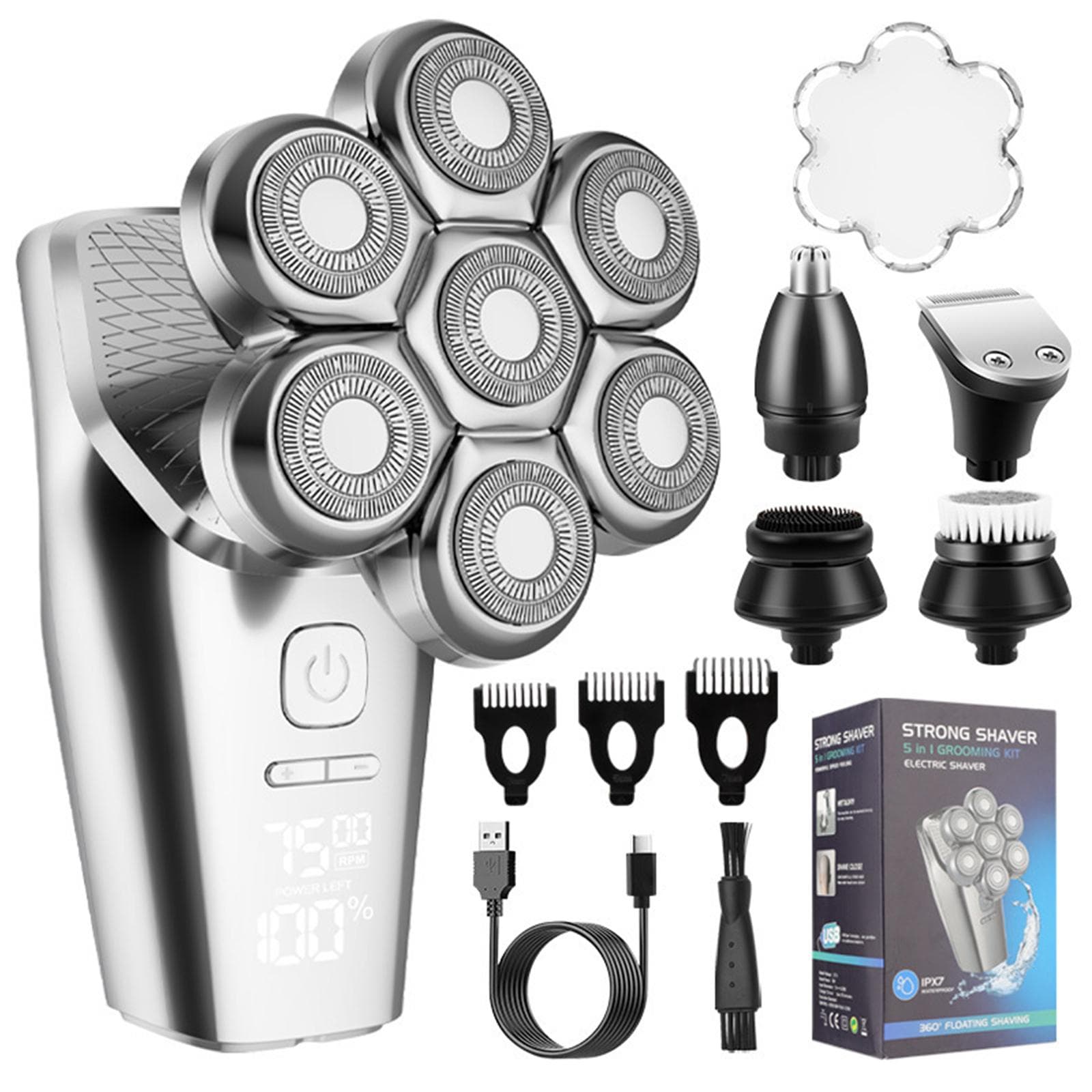 Electric Bald Shaver for Men 7 Floating Heads Beard Razor Hair Clipper Facial Cleaner Massager Nose silver