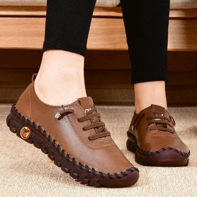 2024 New Spring Casual Women Shoes Platform Loafers  Lace Up Leather Flats Slip-On Mom Shoe 37 brown