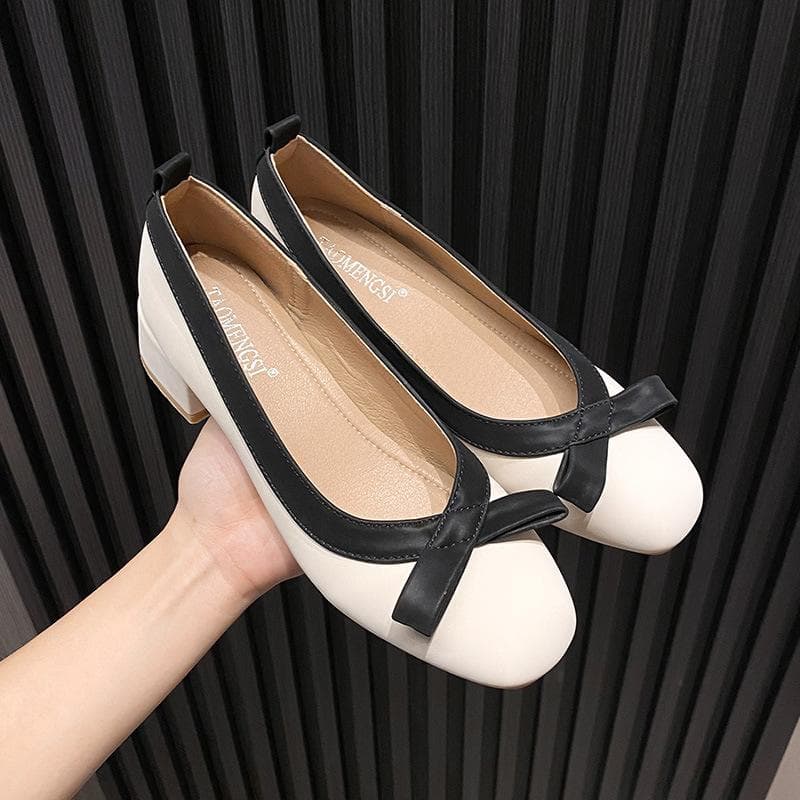Evening Wind Bow Mid-high Heels Square Toe Shallow Mouth Thick Heel Single Shoes Women Summer and Autumn 37