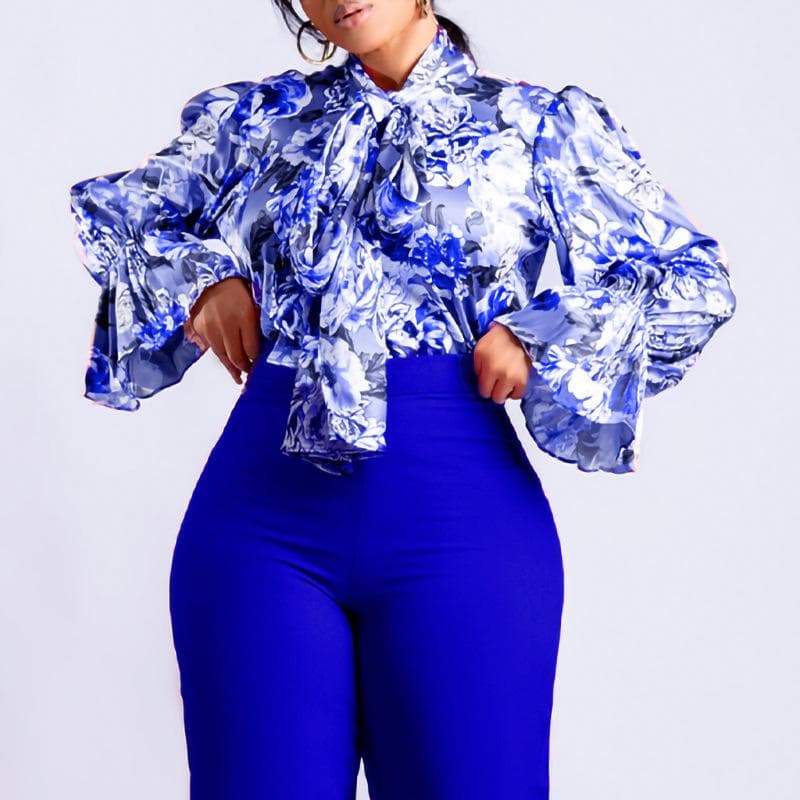 YYFS Women's Fashion Casual Spring Fall Flower Pattern Print Long Sleeve High Neck Blouses & Shirts M blue