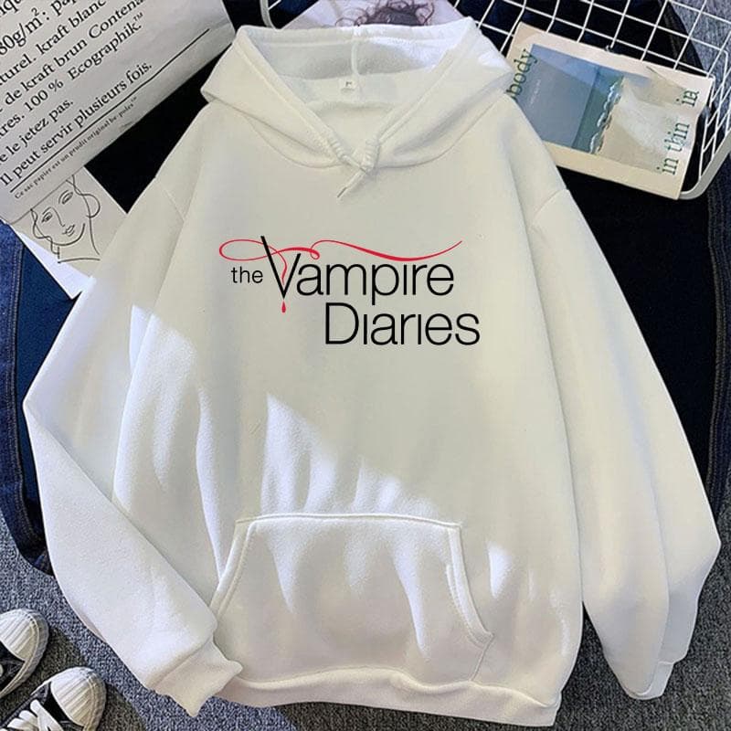 New The Vampire Diaries Print Hoodie Women Men Casual Tops Autumn And Winter Sweatshirts Long Sleeve Harajuku Pullover M white