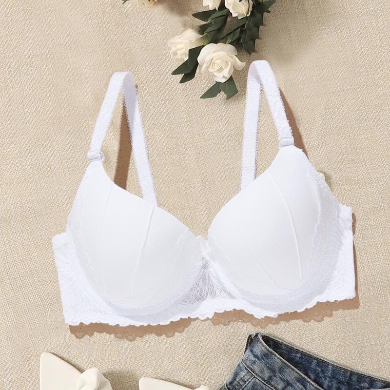 Contrast Lace Push Up Bra Comfy and Breathable Full Coverage Everyday Underwear Women's Lingerie B Cup Bras 36B white