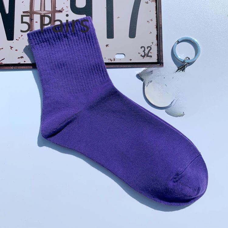 5 Pairs of Tide Solid Colour College Style Sports Mid-calf Cotton Socks Men and Women Couples Short Socks 5 pairs purple