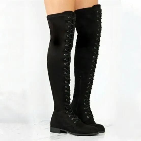 Sexy Thigh High Boots Women Western Over-the-knee Boots Rome Lace-up Low Heel Autumn Winter Boots Women Boots Shoes Plus Size 36 black