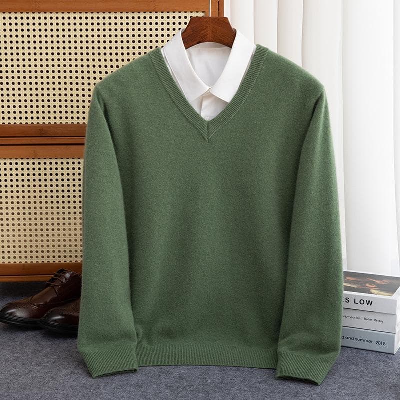 Men Merino Wool Sweater V-Neck Pullover Autumn Winter Cashmere Warm Solid Knitwear Clothes Business Bottoming Soft Tops S