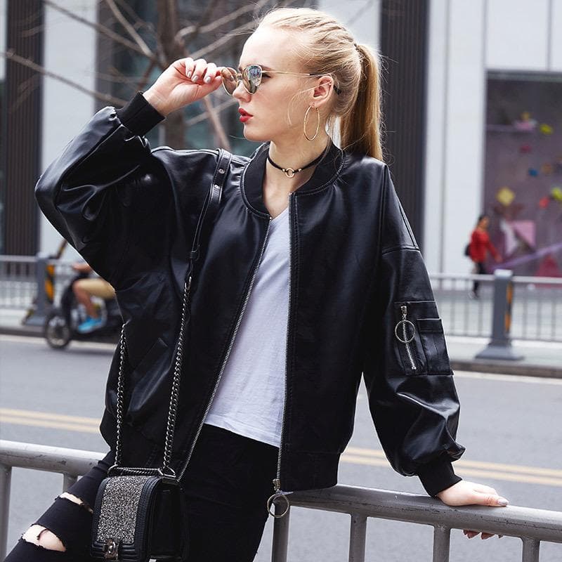 Leather Jacket Women's Autumn New Style Loose Casual Baseball Uniform Pu Leather Jacket Korean Style Student Handsome XL black