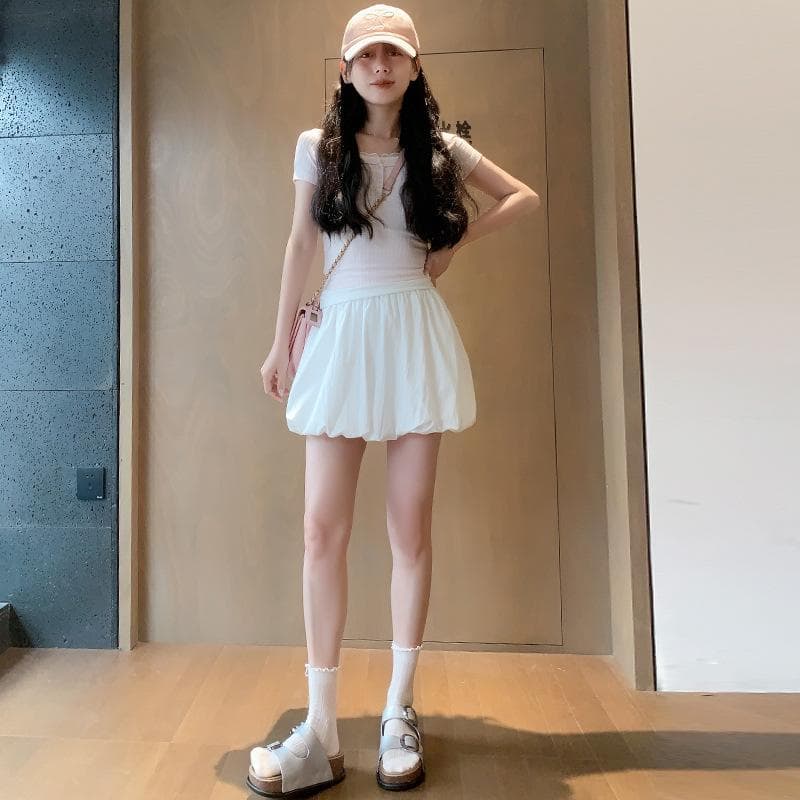 Black Flower Bud Short Skirt for Women In Summer New High-waisted A-line Puffy Skirt French Ballet Style Cake Skirt XL white