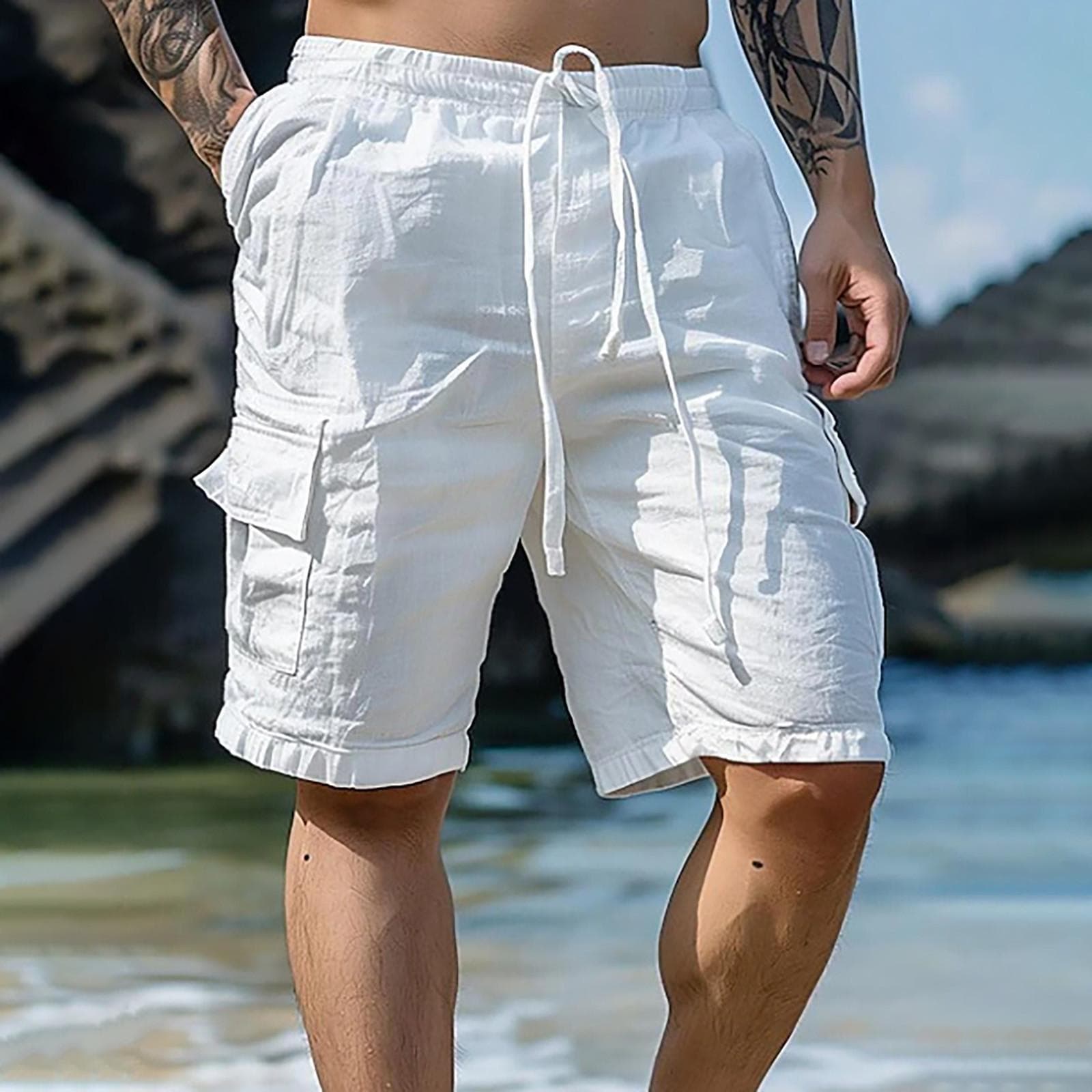 Men's Sports Cotton Linen Casual Loose Shorts Casual Pajamas Pocket Jogging Shorts Pants XXL white