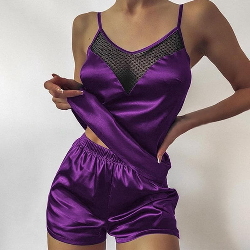 Satin Pajamas Sexy Lace Pijama Nightie Sleepwear Home Clothes Tops and Shorts Women's Silk Pajamas Solid Color Pajama Set Women M purple