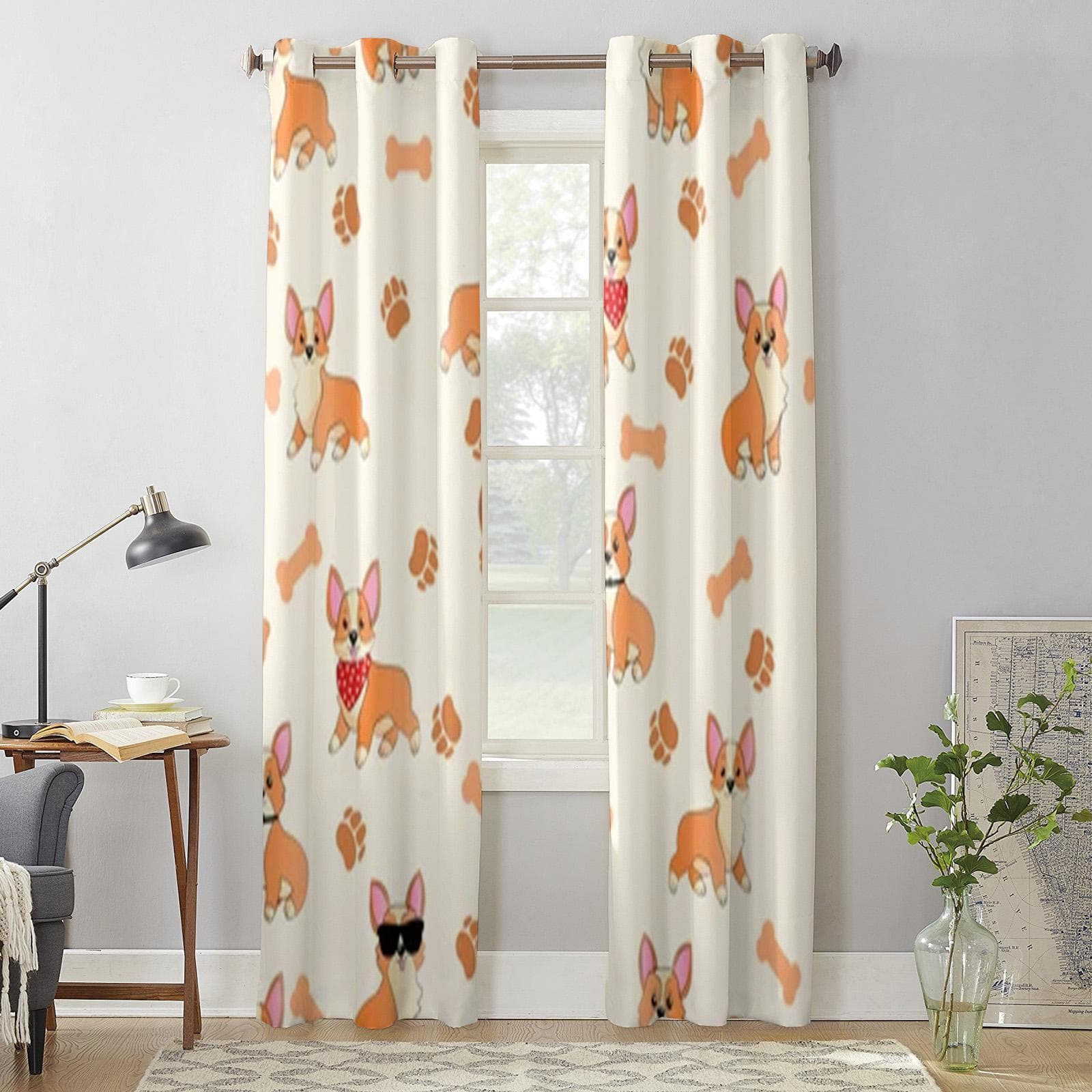 Cartoon Corgi Paws And Bones Window Curtains For Living Room Luxury Bedroom Decor Drapes Kitchen Window Treatments Curtains 135W x 60H(cm) x1