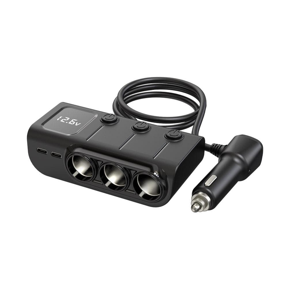 Car Chargers 120W Quick Charging Adapter 3-Socket Power Splitter 12-24V with 3 USB Ports+2 Type-C black