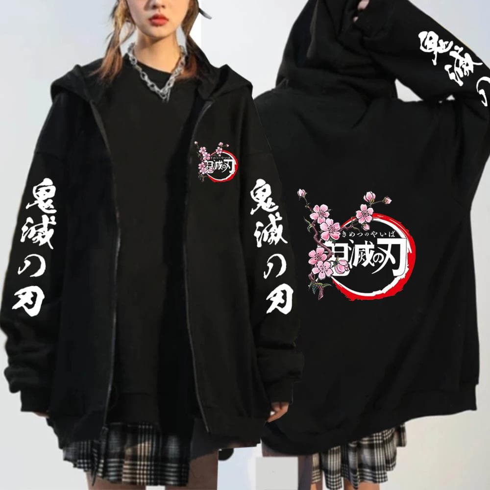 Fashion Anime Kochou Shinobu Zipper Hoodie Manga Winter Autumn Spring Casual Jacket Anime Sweatshirt Harajuku Demon Slayer Kimetsu No Yaiba Coats 3XL