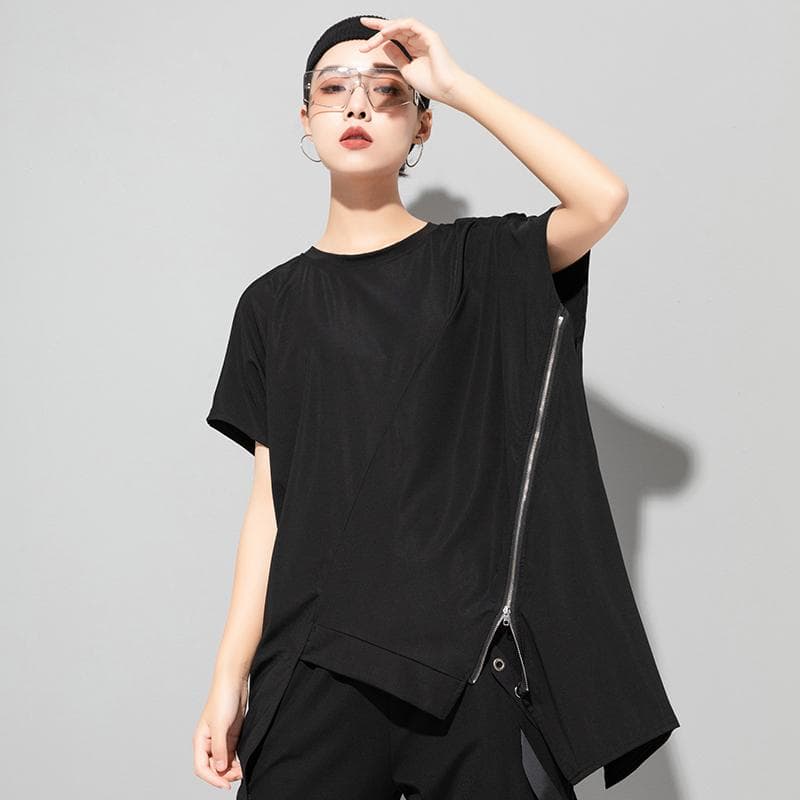 DIMANAF 2022 Plus Size Women Zipper Bat T-Shirt Casual Solid Tops Cotton Loose O-Neck Summer Short Sleeve Tees B one size black