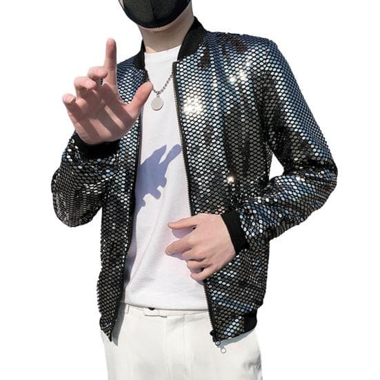 Men Coat Fashionable Baseball Uniform Style Sequined Jacket Stand Collar Thin Coat L silver