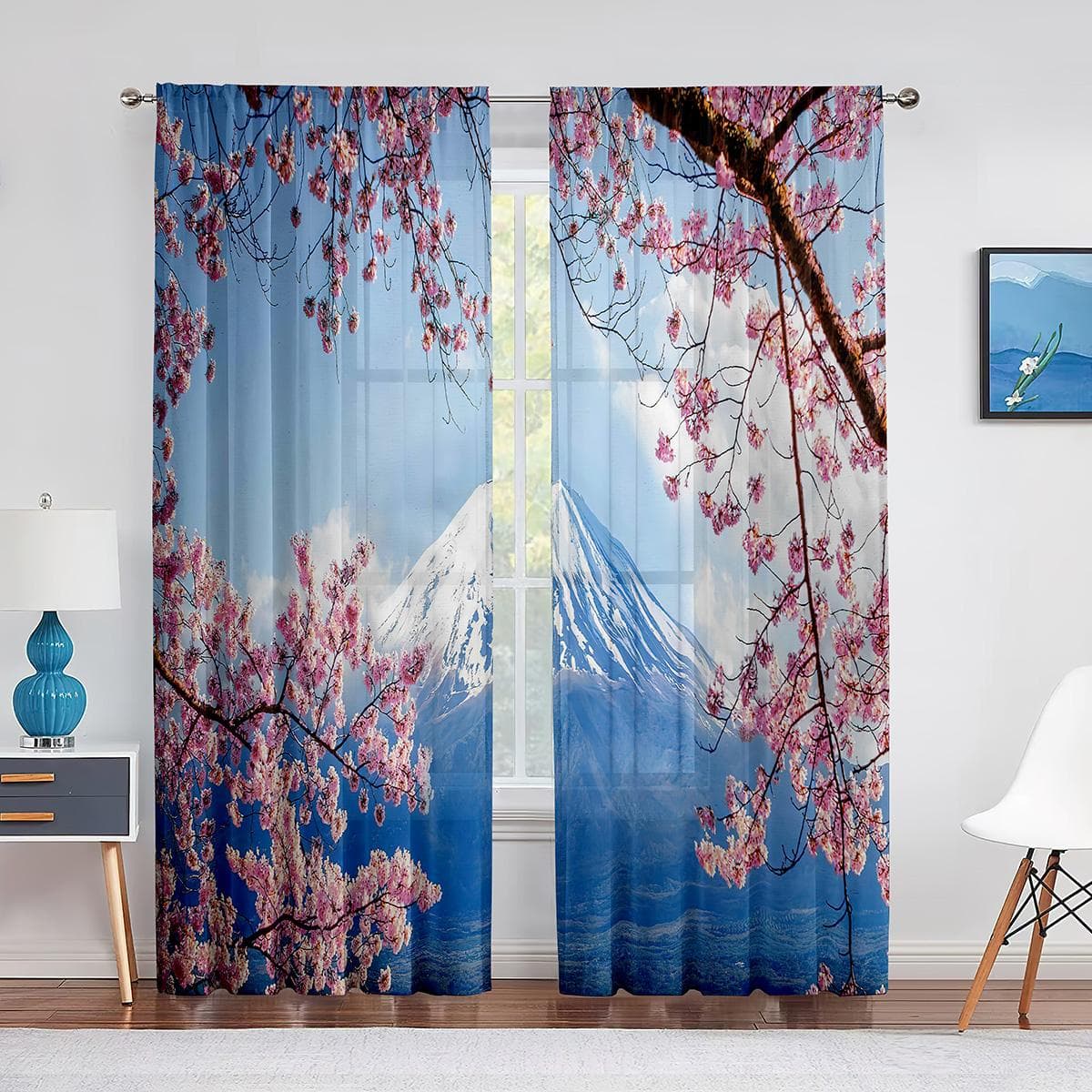 Japanese Mount Fuji Maple Leaves Natural Landscape Tulle Sheer Window Curtains for Living Room Bedroom Decor Tulle Voile Curtain 1 PCS W100XH250cm&Grommet Top