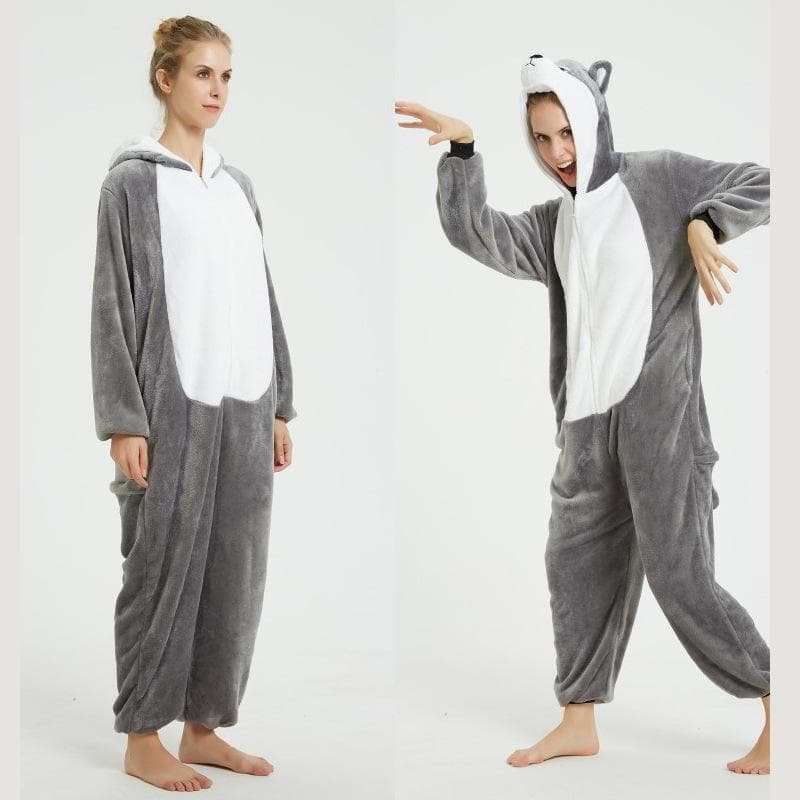 Women's Winter Robe Cartoon Animal Onesie Flannel Pajamas Zipper Loungewear Hooded Homewear XL grey