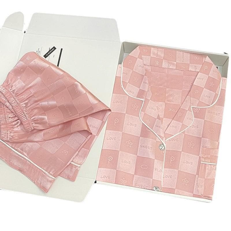2-PCS Pajamas Female Jacquard Plaid Silk Short-Sleeved Shorts Suit Cardigan Lapel Solid-Color Girls Homewear Women Sleepwear M pink