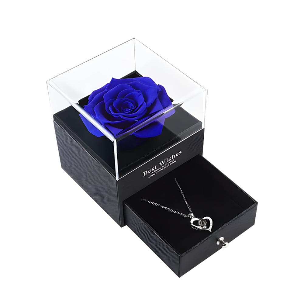 Eternal Rose Box with Necklace Preserved Flowers Rose with Crystal Necklace Gifts for Mom Wife blue