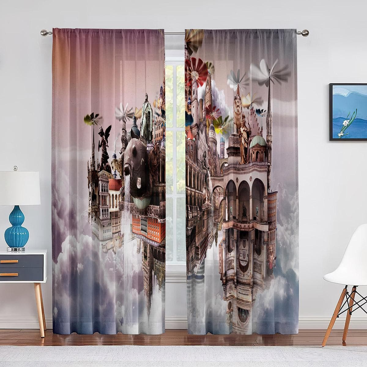 Castle In The Sky Fantasy Scenery Tulle Voile Curtain for Living Room Bedroom Kitchen Chiffon Sheer Window Treatment Decorations 1 PCS W100XH250cm&Grommet Top