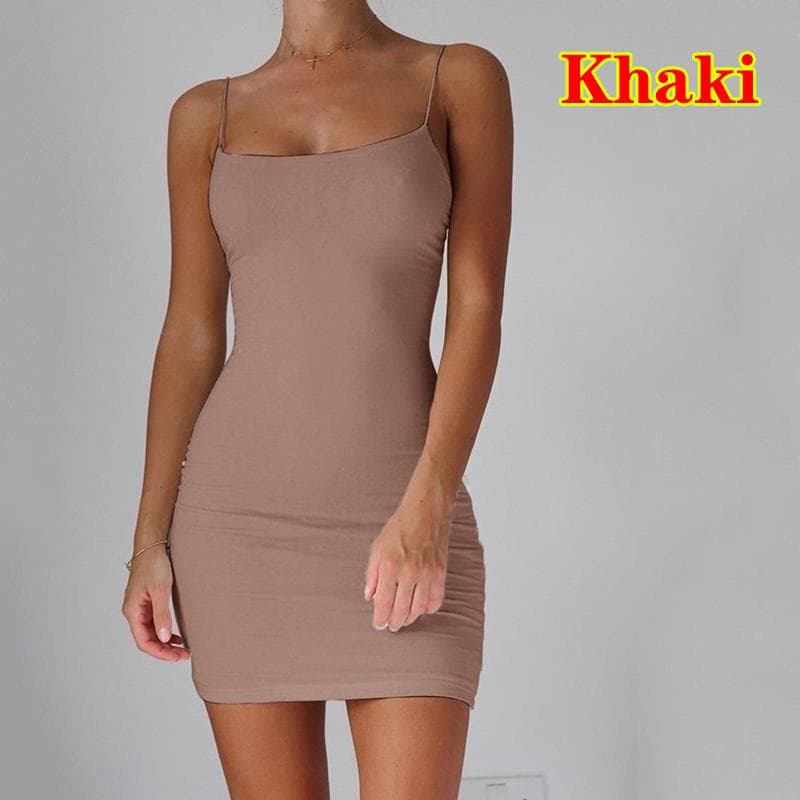 Women Sexy Summer Sundress Strappy Sleeveless Bodycon Short Mini Club Party Dress XL khaki