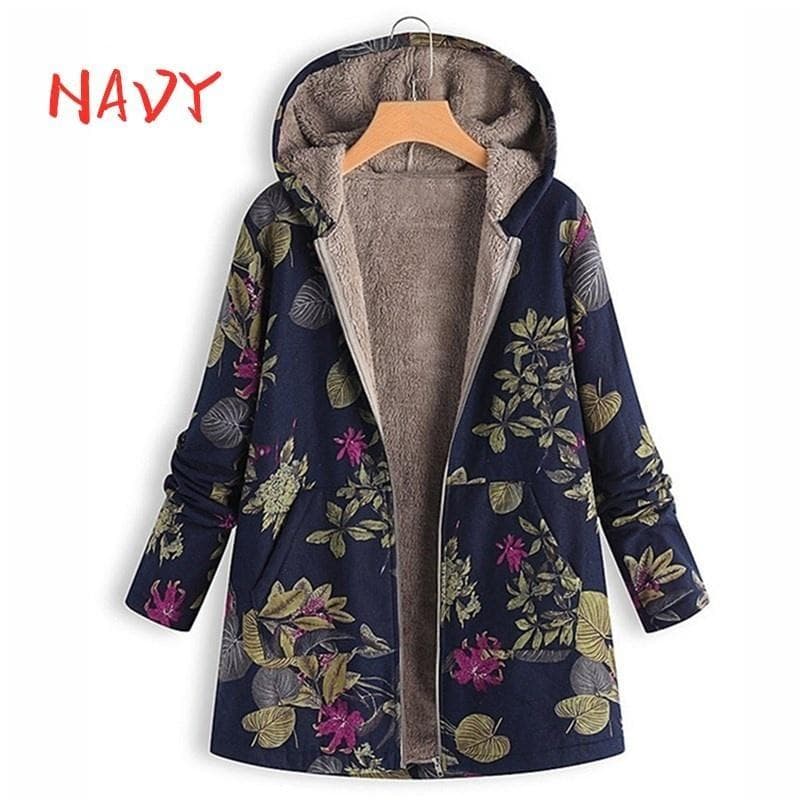 Vintage Coats Zipper Hoodie Long Sleeve Manteaux Dames Casual Women Warm Pocket Floral Fleece Jacket 5XL navy blue