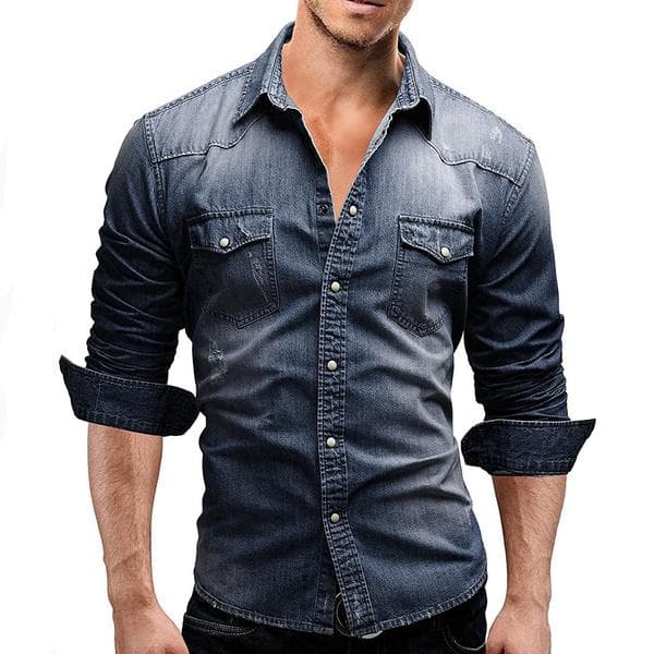Men's Distressed Denim Shirt Casual Washed Slim Fit Cowboy Shirt L navy blue
