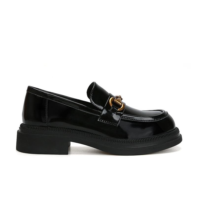 Leather Patent Leather Autumn and Winter Platform Soft Loafers New Block Heel Platform Round Toe One Foot Small Leather Shoe Woman 40 black