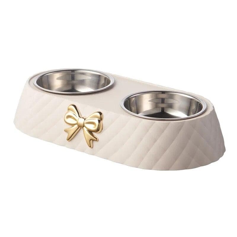 Pet Supplies Bowknot Cats Food Bowl PP Base Dog Bowl Stainless Steel Double Bowl Pet Accessories Feeding Drinking Bowl white