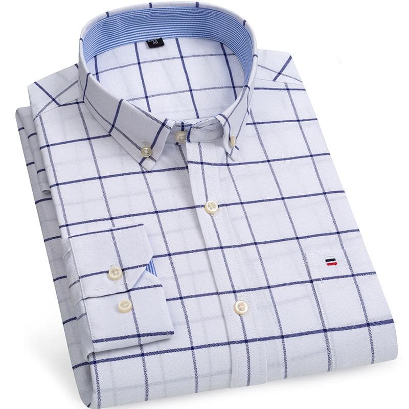 Cotton Oxford Shirt Plus Size S~7XL Casual Business Men Plaid Shirts Checkered Design Regular Fit Long Sleeve with Front Pocket Man's Blouses XL