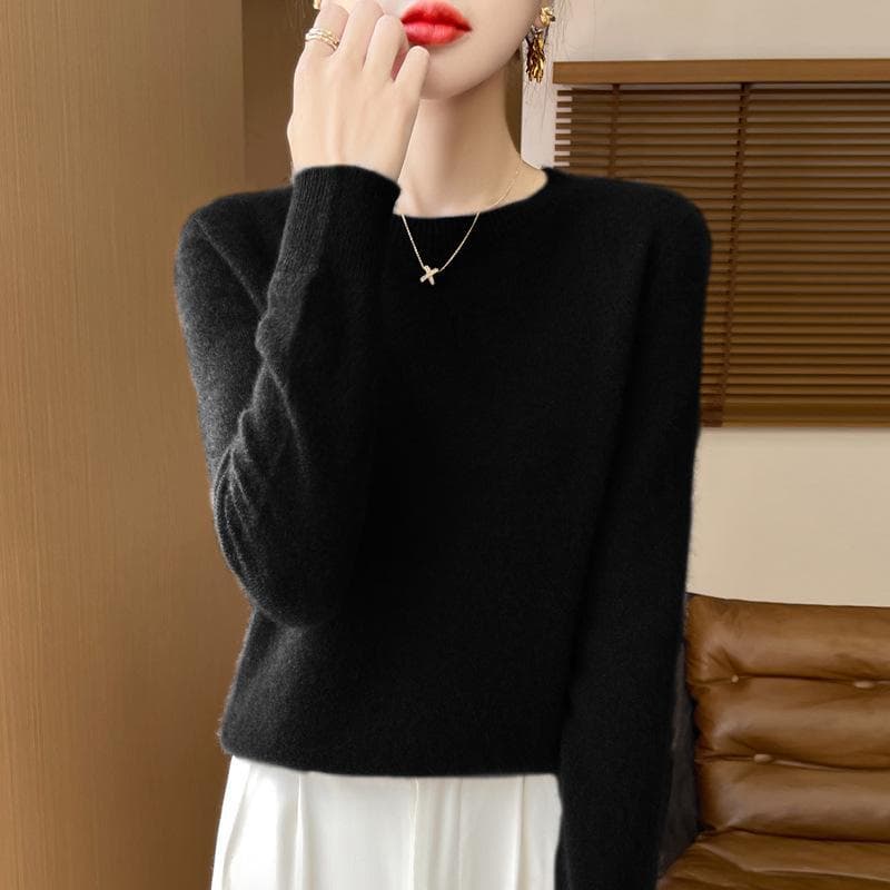 Women's 100% Pure Wool Loose Knitted Pullover Sweater for Autumn/Winter crew neck, M black