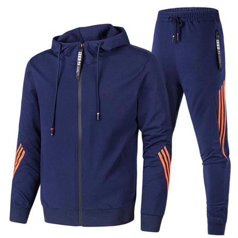 Men's Autumn Hooded Slim Fit Stripe Spliced Sports Casual Set S navy blue