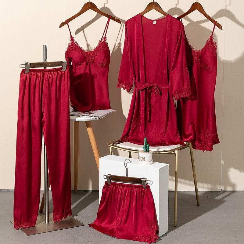 5PCS Pajamas Set Female Sleepwear Sexy Lace Wedding Robe Nightgown Spring Summer Silk Rayon Bathrobe Pijamas Casual Home Clothes XL