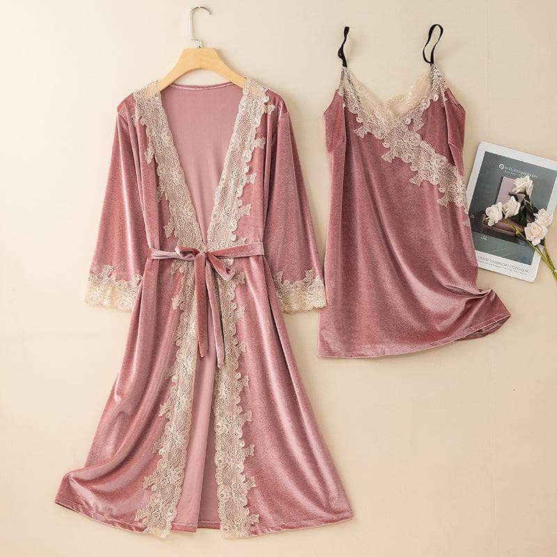 New Autumn Velvet Pajamas Two-piece Robe Set Feminine Lace See-through Robe Bathrobe Casual Velvet Home Clothes M