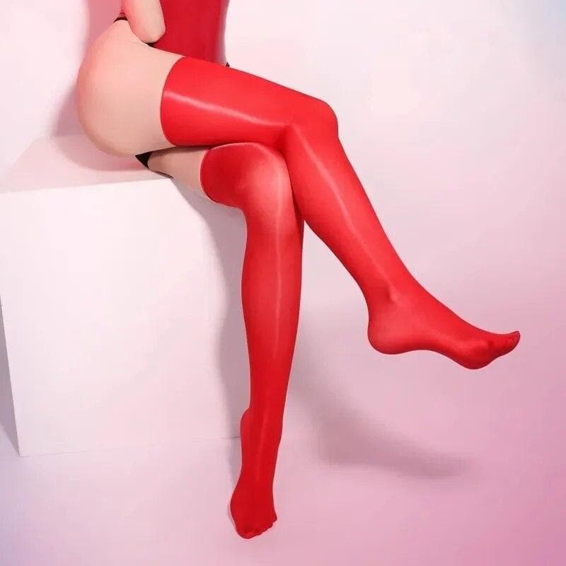 Thigh High Transparent Stockings Plus Size Long Elastic Socks Women Night Club Oil Glossy Skinny Stockings For Garter Belt 1Pair red