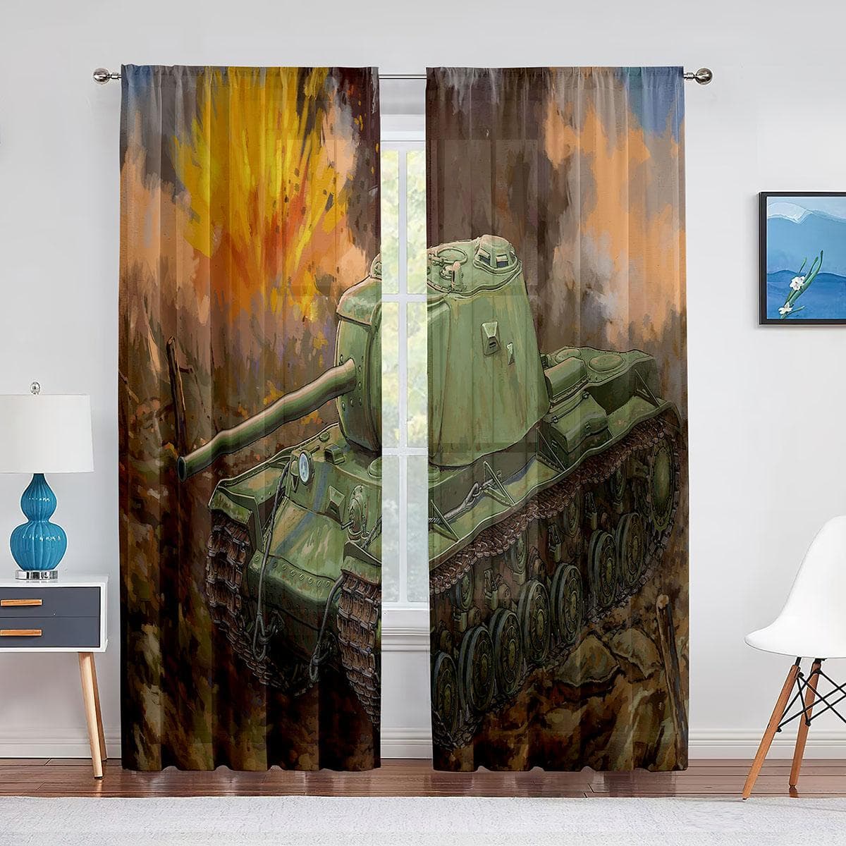 Green Tank Cannon Army Car Tulle Curtains for Living Room Boys Bedroom Decor Chiffon Sheer Voile Kitchen Window Curtain Drapes 1 PCS W600XH250cm&Rod Pocket