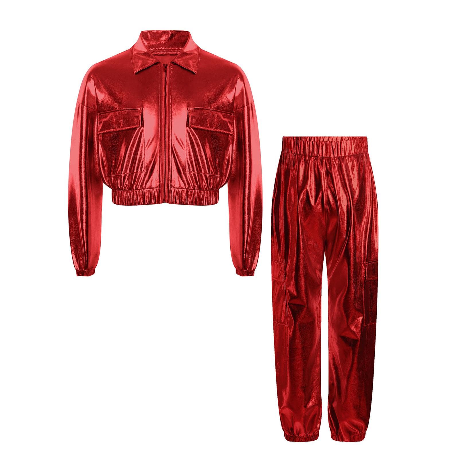Girls Boys Shiny Dance Outfit Metallic Jacket Turn Down Collar Long Sleeve and Glittery Pants for Jazz Competitions 13-14 Years red