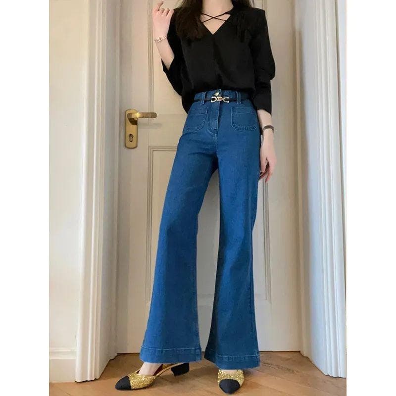Retro Blue Flare Jeans for Women In Spring and Autumn New Tight and Slim and Versatile Old Flared Pants 2XL