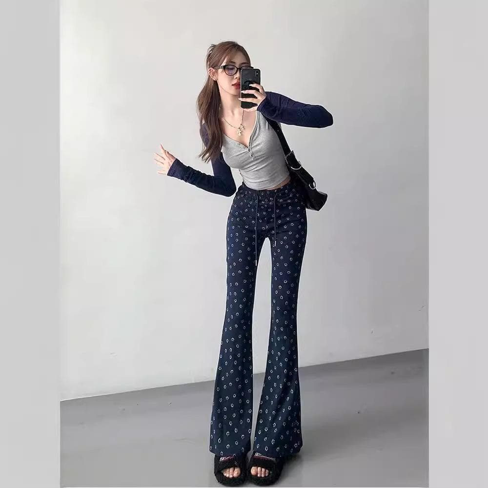 Smiling High Waist Printed Elastic Flare Pants for Women In Spring New Slim Fit and Casual Flare Pants 2XL