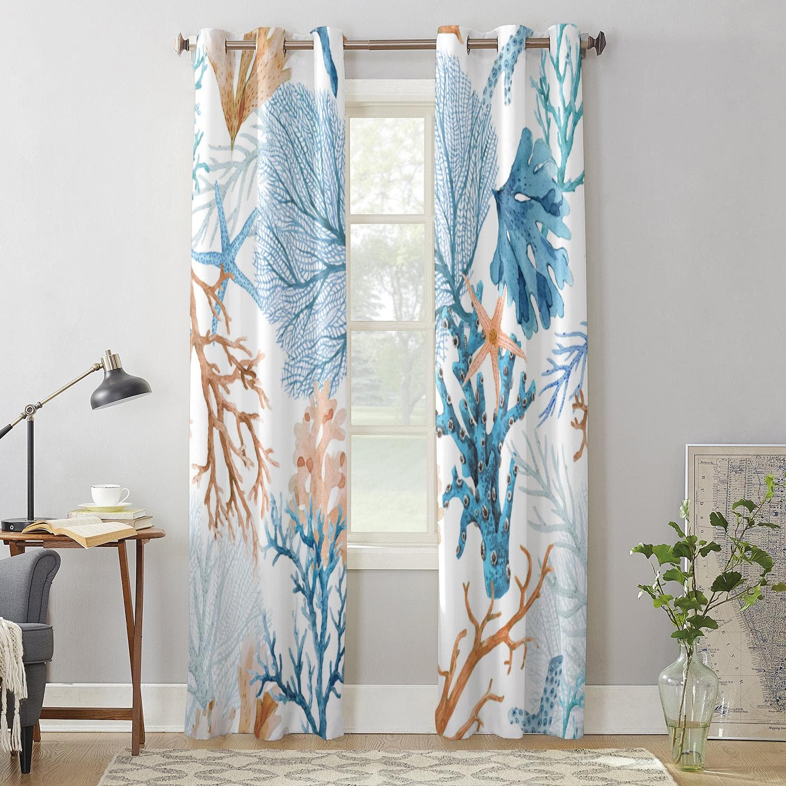 Summer Beach Sea Life Coral Window Curtain Living Room Luxury Valance Curtain for Bedroom Home Kitchen Decor Curtain 135W x 60H(cm) x1