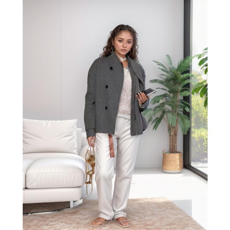 Autumn and Winter Women's Double-breasted Gray Coat Short Coat L