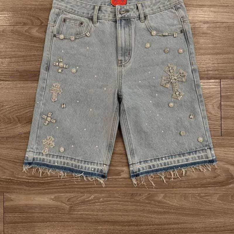 Casual Men Denim Shorts Pants Fashion Retro Style Jeans Shorts Jeans Gothic Rhinestone Denim Shorts XL