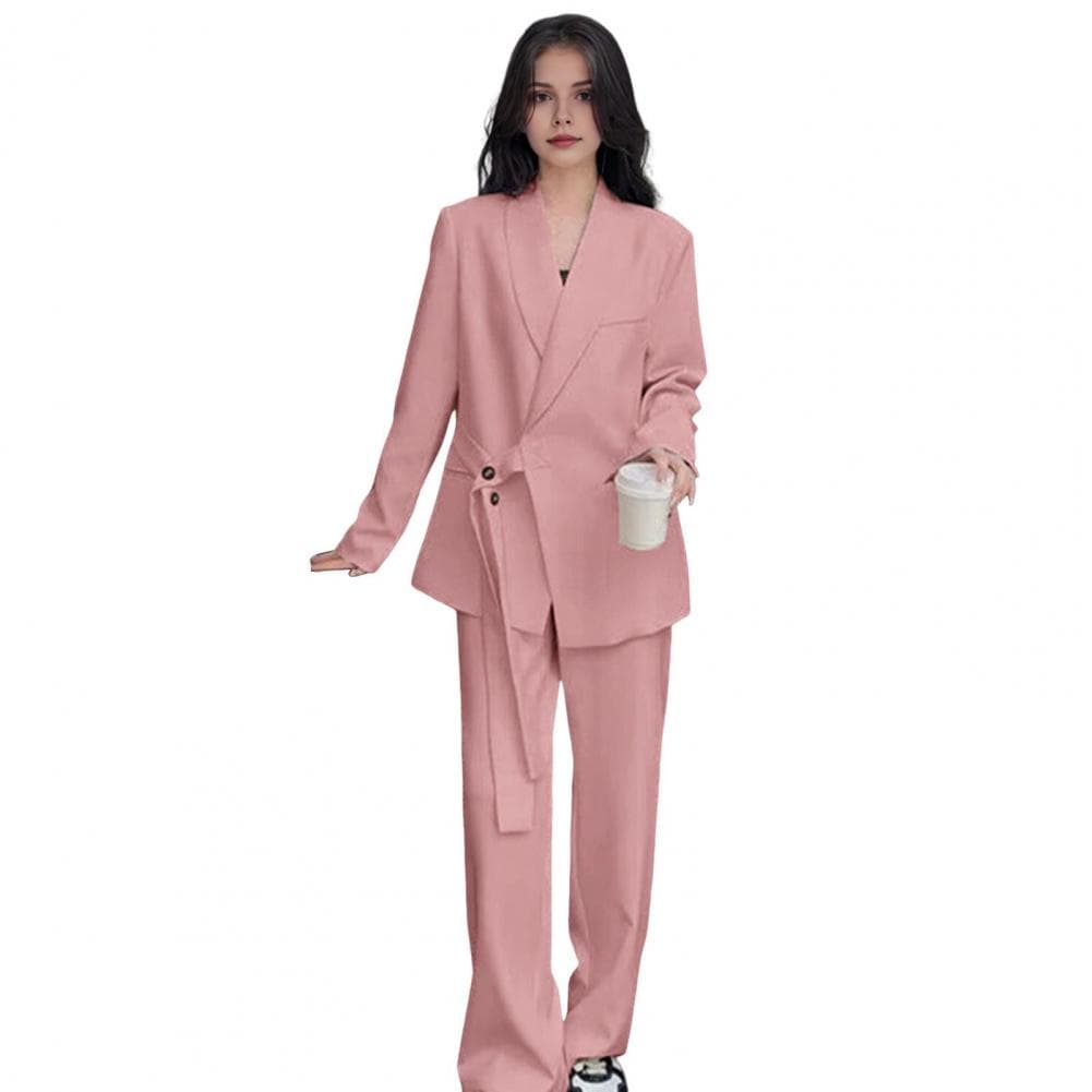 2 Pcs/Set Lady Formal Coat Pants Set Long Sleeves Button Strap Closure V Neck Cardigan Mid Length Jacket Straight High Waist Tro L pink