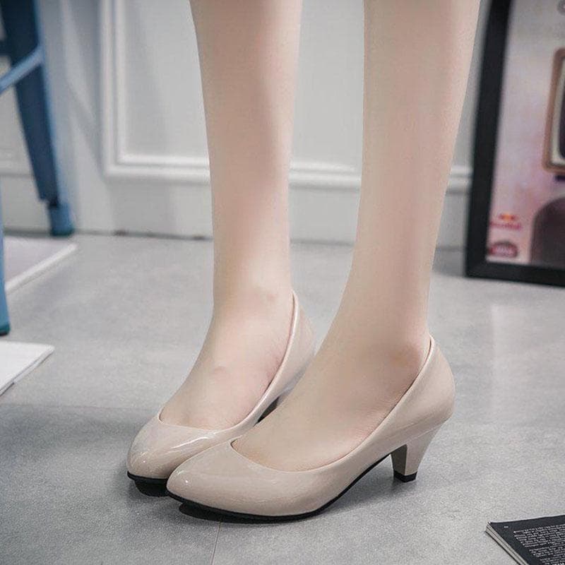 Women Mid Heel Business Attire Work Glossy Casual Smart Court Solid Color Shoes Pump Sandals 38 beige