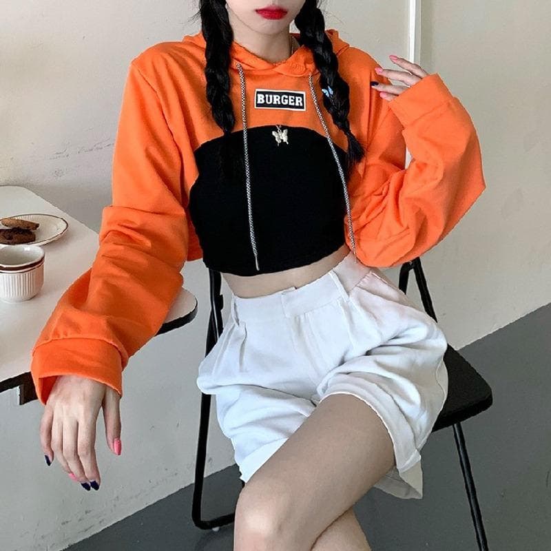 High Waist Shirt Hoodies Women's Hooded Loose Short Cropped Long-sleeved Jazz Blouse Thin Hooded Clothing XXL orange