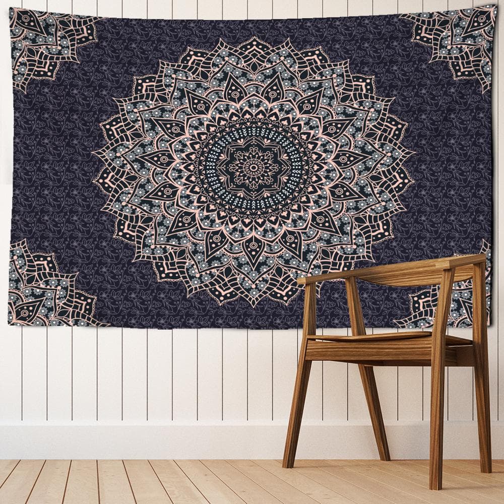 Retro Black Mandala Tapestry Wall Hanging Art Psychedelic Hippie Tapez Aesthetic Room Decor Background Cloth 95x70CM