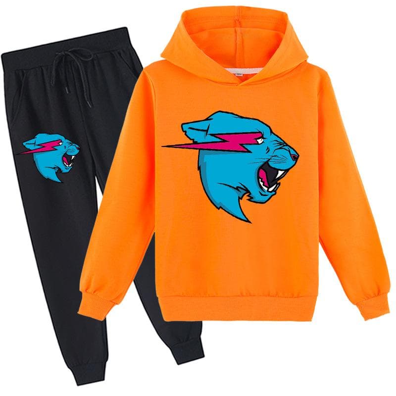 Fashion Mr Beast Lighting Cat Childrens Boys Sweater Cotton Hoodies and Pants Sets 110 orange