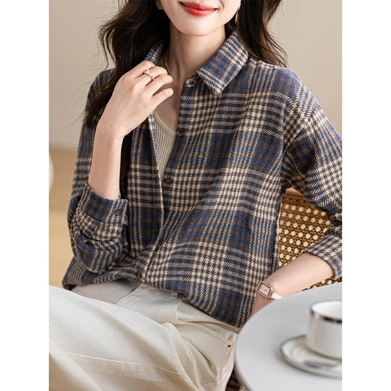 Retro Grinding Plaid Shirt for Women In Autumn and Winter New Design Niche Professional Commuting Loose Long-sleeved Top XL