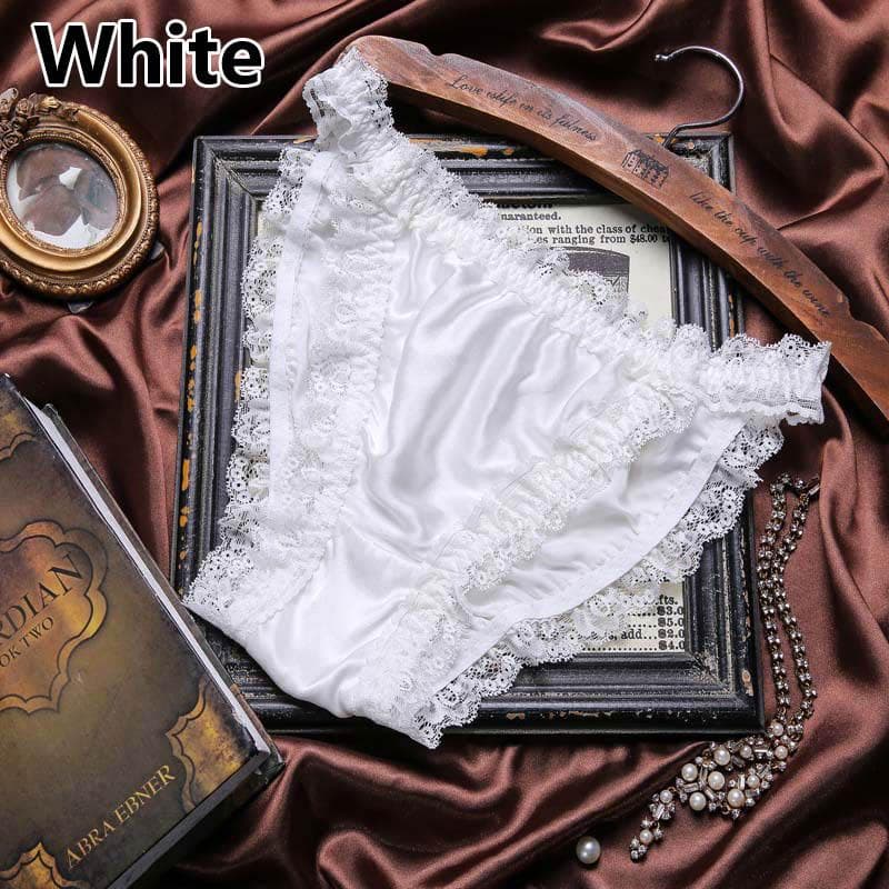Women Underwear Soft Silk Satin Silk Panties Lingerie Lace Knickers G-String Summer Briefs M white